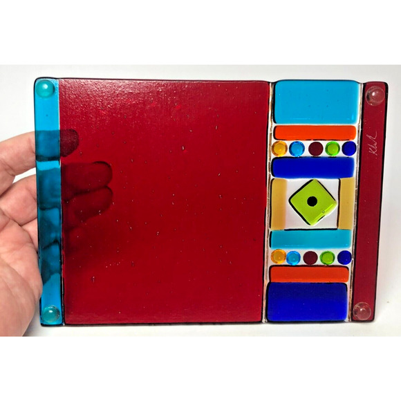 Signed Kathy Hudson Me 2 U Fused Art Glass Cheese Tray Trinket Dish Colorful - Picture 3 of 3